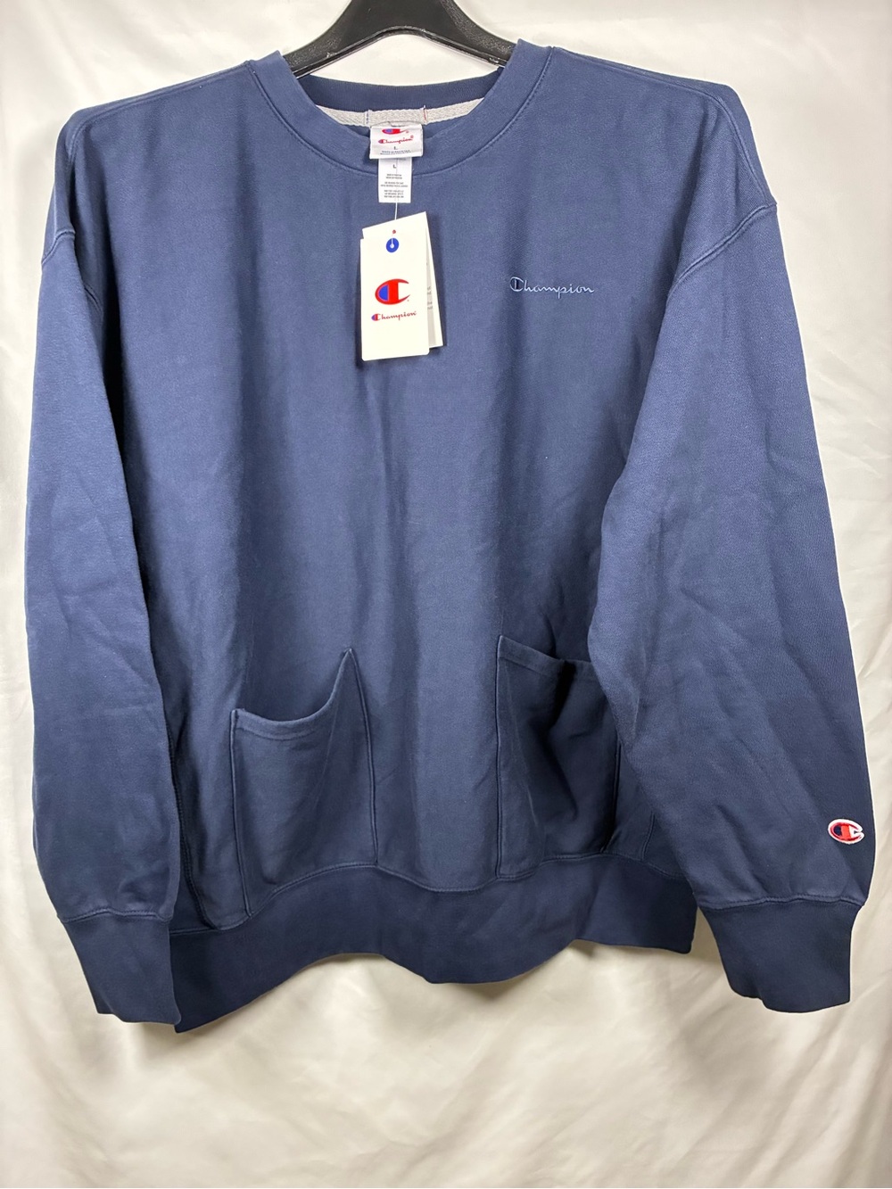 Champion Men's Rewind Vintage Wash Navy Crewneck Sweatshirt with Front Pockets